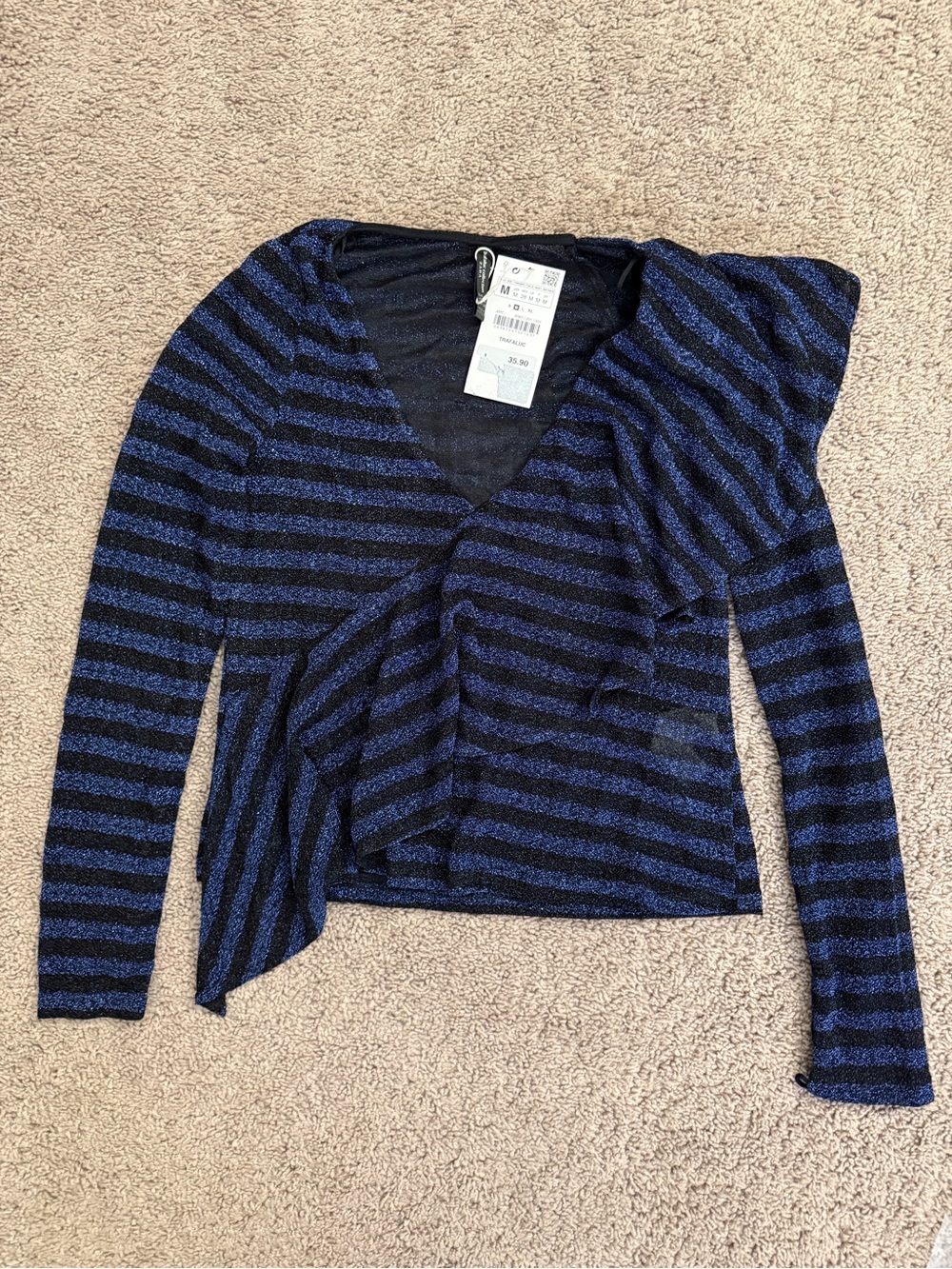 Zara Striped Long Sleeve Women size Medium Wrap Vneck Top Ruffles Sparkle Shirt